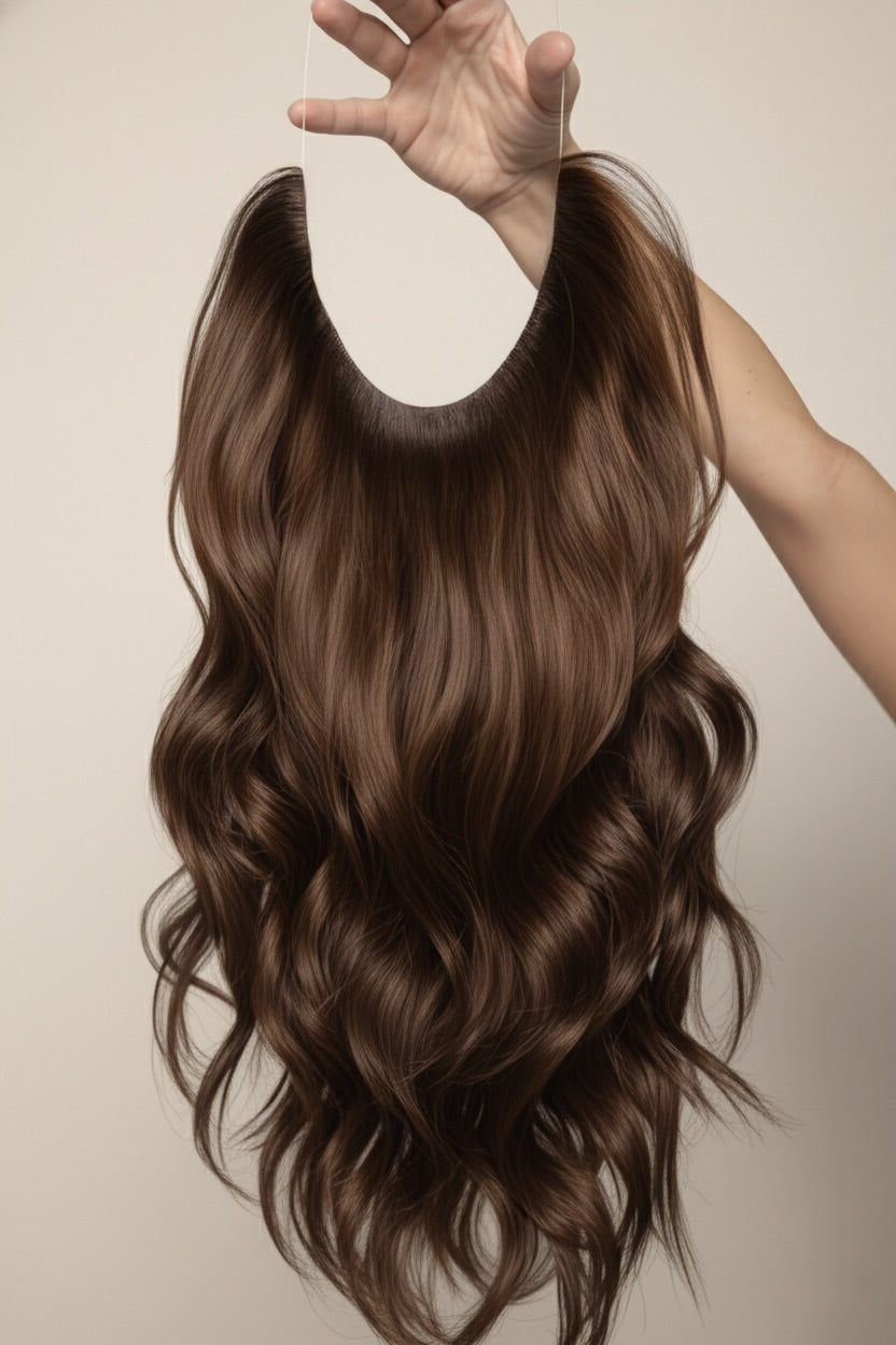 Brown hair extension held by a hand against a neutral background